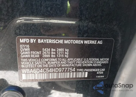 2017 BMW 650I Gran Coupe from USA, damaged, VIN WBA6D4C54HD977754